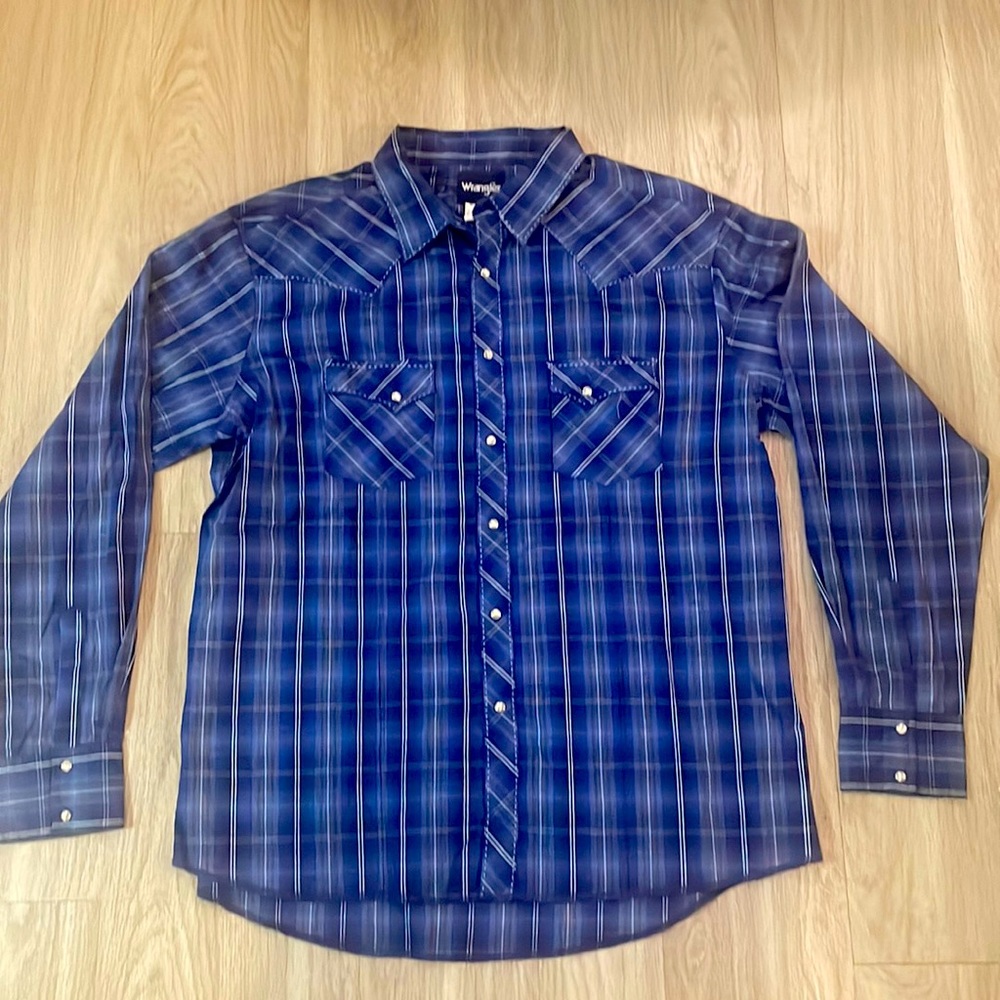 Wrangler blue plaid long sleeve pearl snap cowboy western shirt. XXL